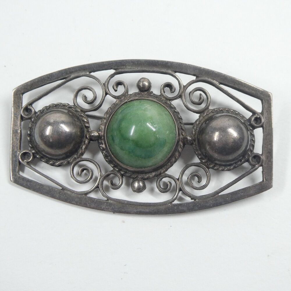 Sterling Silver Brooch Mexico Filigree Green Stone Vintage Pin
